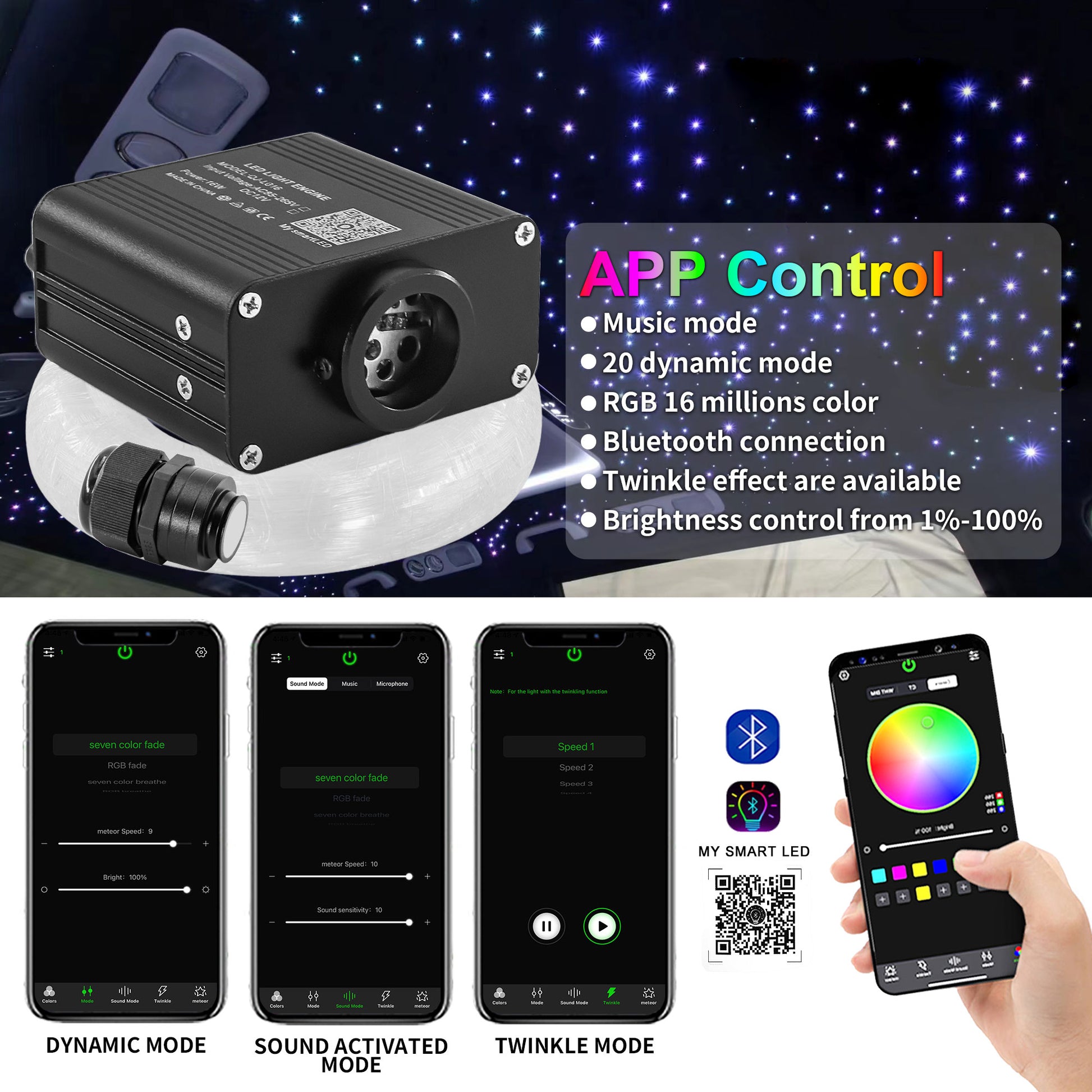 starlight kit with app control，music mode ,rgb 16 millions color,bluetooth connection,twinkle effect are available,brightness control from 1%-100%