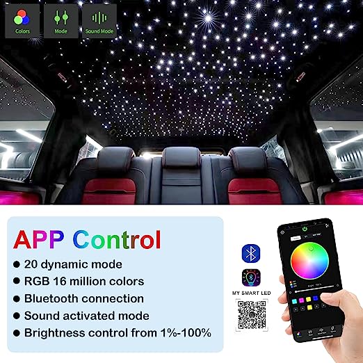 BEESIDY 6W Fiber Optic Light Engine for Starlight Headliner, Bluetooth App/RF Remote Control with Music Mode, Car Plug & Power Adapter, PG Connector & 3 Drill Bits