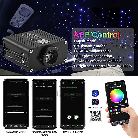 16W Compact Size Fiber Optic Light Engine for Starlight Headliner, Twinkle & Music Mode, Control by Bluetooth App/RF Remote Control, Car Plug & Power Adapter, PG Connector & 3 Drill Bits