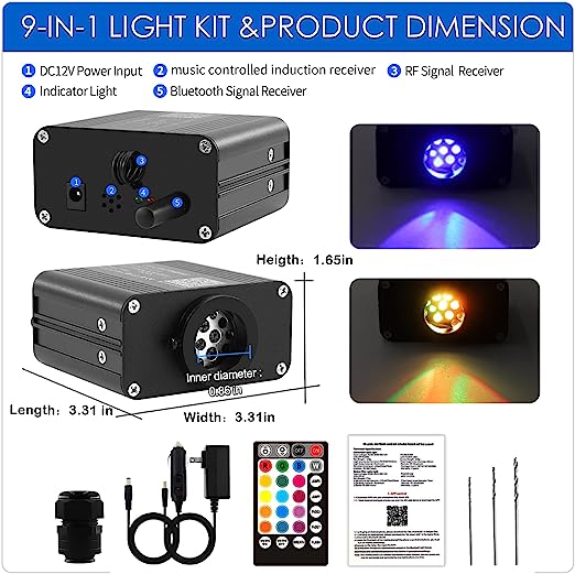 16W Compact Size Fiber Optic Light Engine for Starlight Headliner, Twinkle & Music Mode, Control by Bluetooth App/RF Remote Control, Car Plug & Power Adapter, PG Connector & 3 Drill Bits