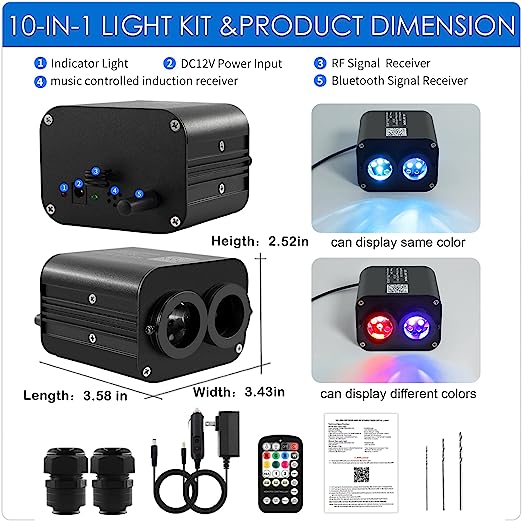 20W Dual Color Dual Head Fiber Optic Light Engine for Starlight Headliner, Twinkle Effect & Music Mode, Bluetooth App/RF Remote Control, Car Plug & Power Adapter, PG Connector & 3 Drill Bits